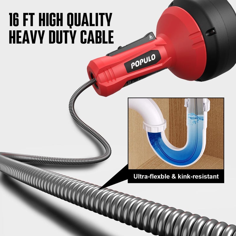 populo Drain Auger, Auto Feed Plumbing Snake Clog Remover for Unclog Sink Drain 3/4"-2" Pipe, 16 Ft Snake Hair Drain Clog Remover Cleaner Tools Manually or Powered for Shower, Bathtub, Kitchen, Sink - Image 3